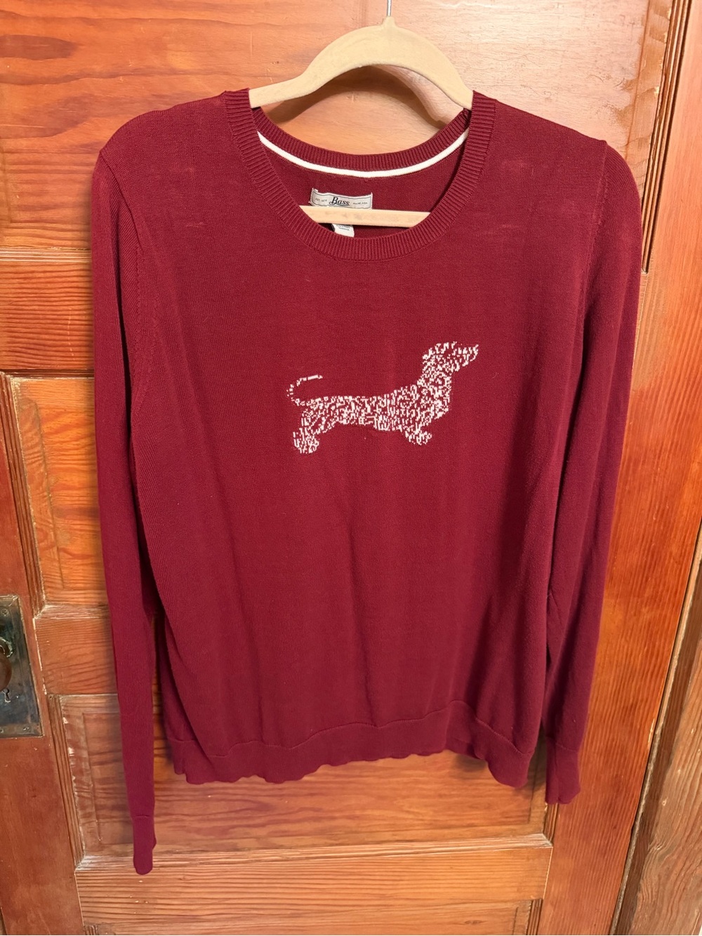 Bass Women's Maroon Crewneck Sweater with White Dachshund Graphic
